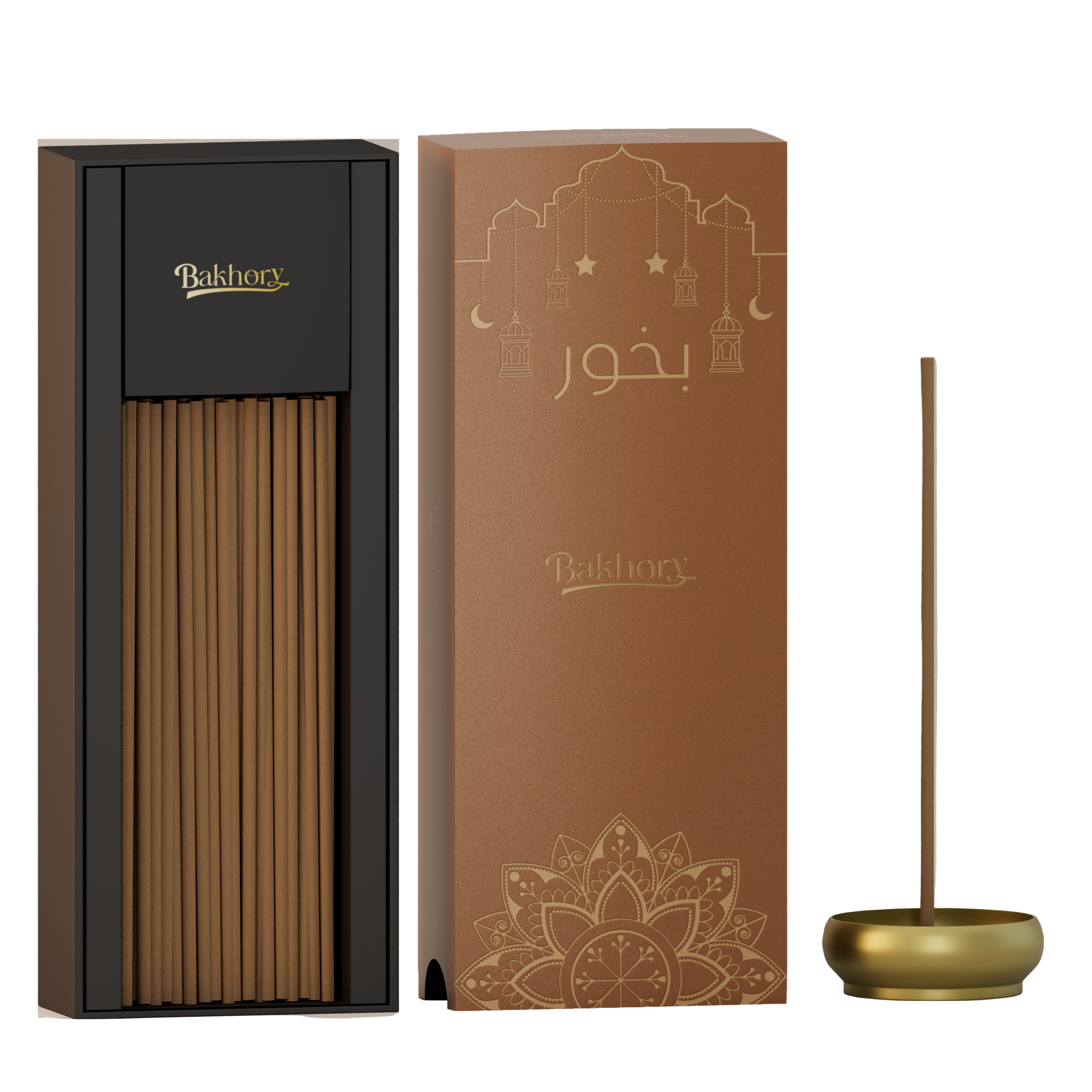 Bakhour incense packaging with incense sticks, holder, and decorative box on a white background